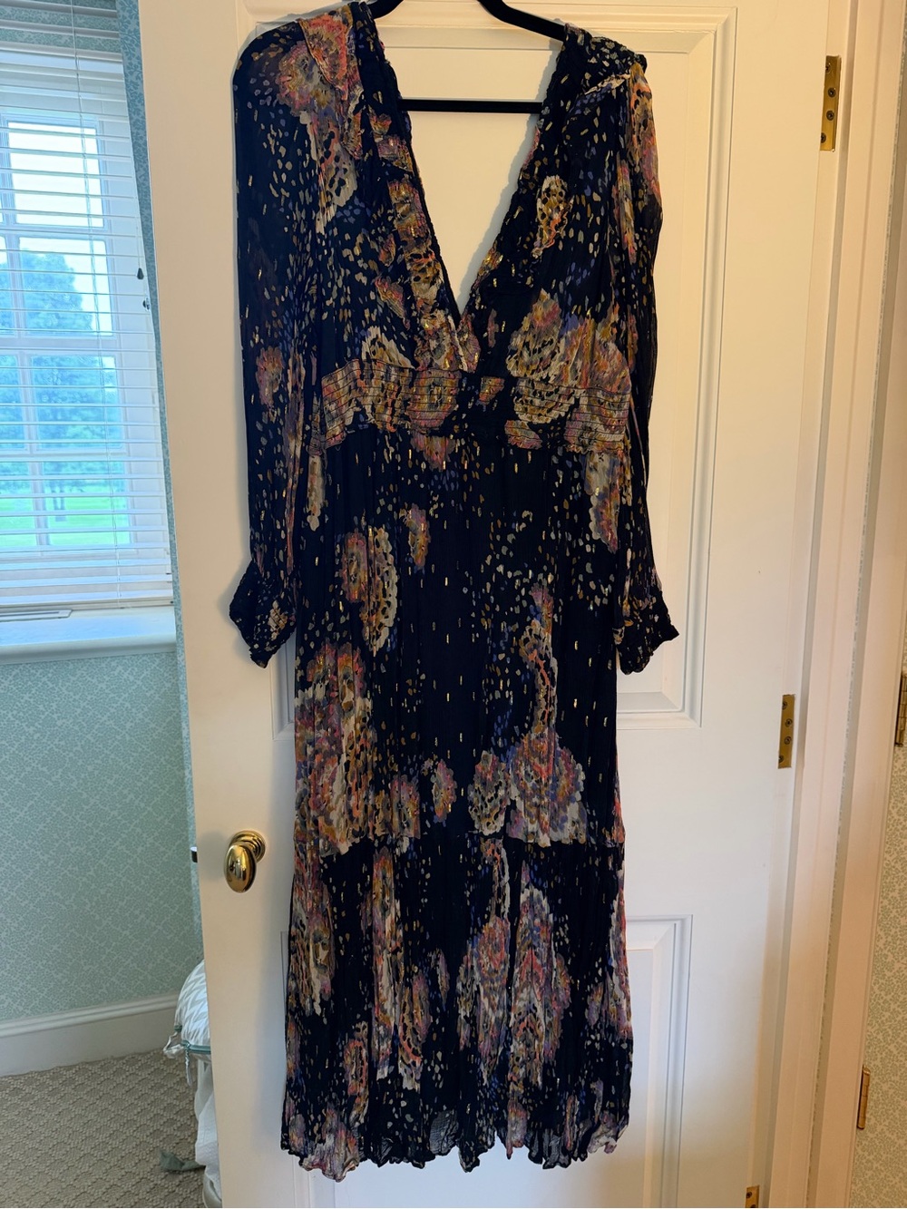 Anthropologie Black Floral Print V-Neck Long Sleeve Dress